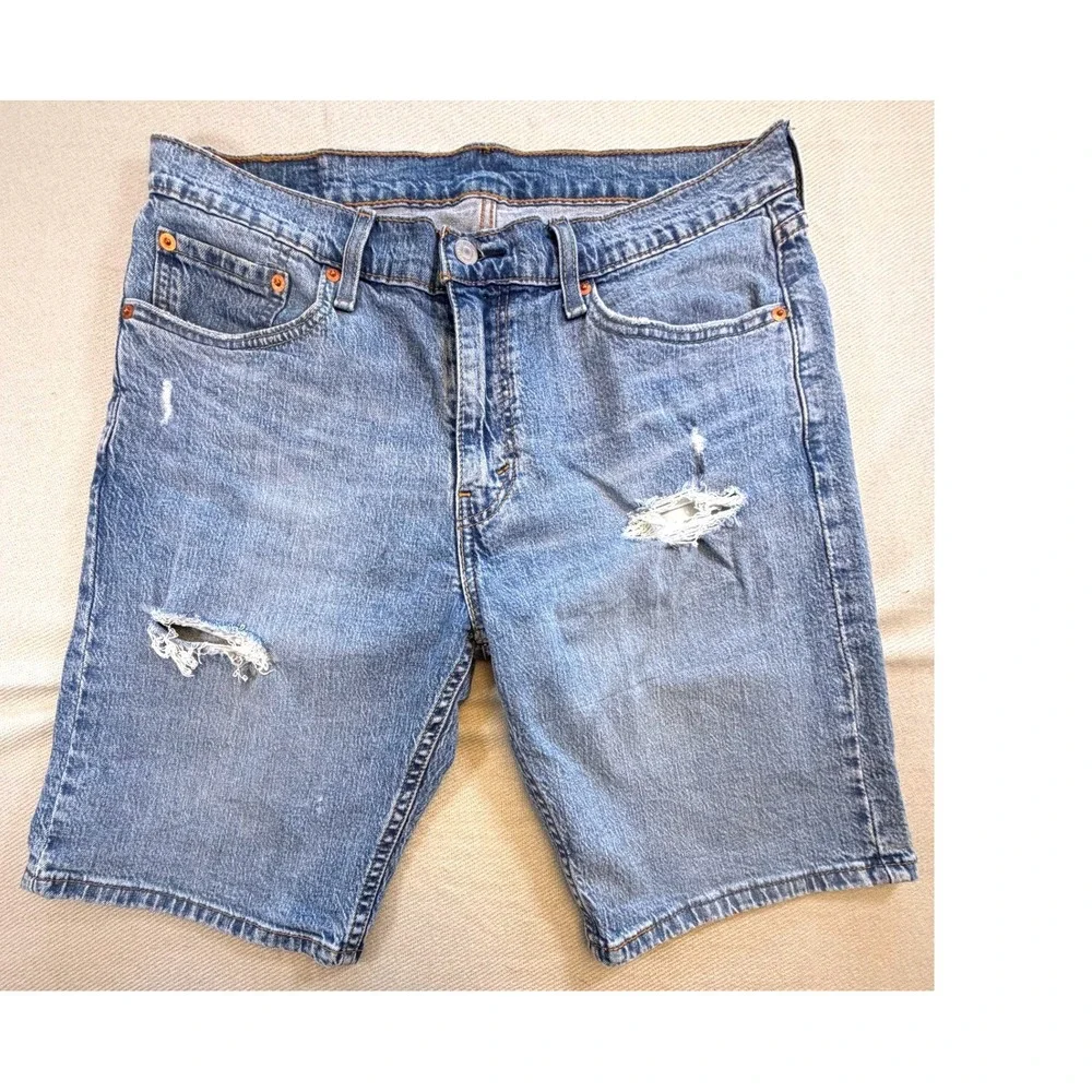 Levis 405 Standard Fit Mens Denim Shorts Light Wash Distressed Blue W33